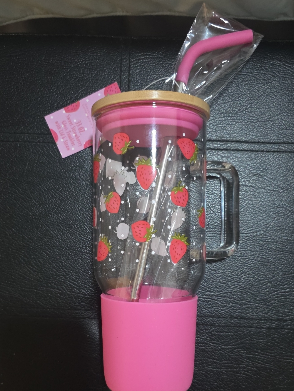 Strawberry Print Glass Travel Tumbler with Handle